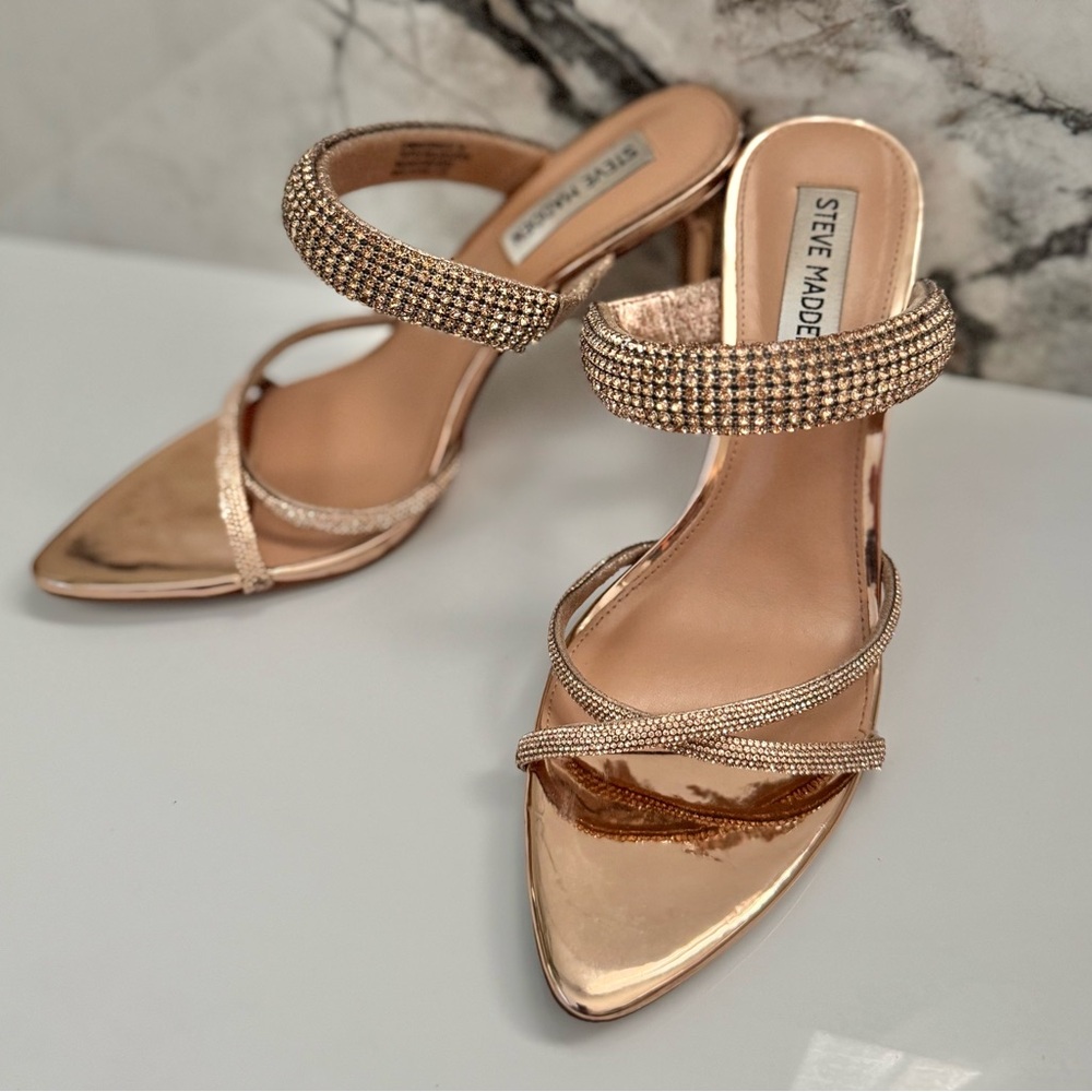Rose Gold Steve Madden Crystal Strap Slide Heel Sandals (Women’s Size 7)